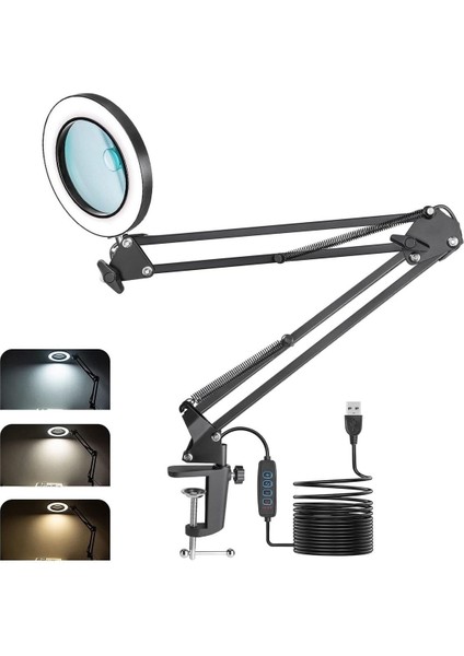 Siyah Büyüteçli Ring Light, LED Büyüteç Lambası, Kıskaçlı, Çalışma Masası Lambası, 3 Renk Modlu, Sa