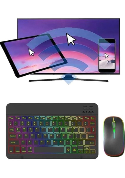 Alfa MEC Samsung Galaxy Tab A9 8.7 Inç X110 X115 Uyumlu Aydınlatmalı Işıklı Kablosuz Bluetooth Klavye+Mouse Rgb-Set