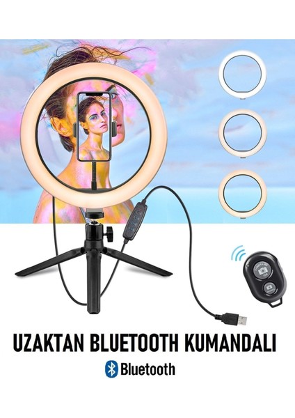 Sabitleyiciler (Tripod) Bluetooth Kumandalı Masa Ayaklı 10 Inç LED Ring Lıght Influencer Youtuber T