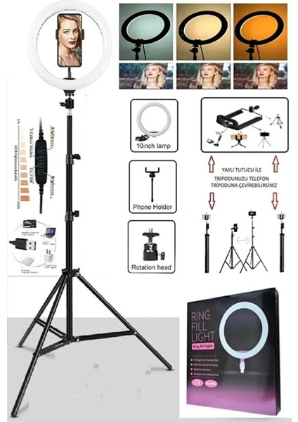 Sabitleyiciler (Tripod) 10"inç Ring Light 120 Ledli 24W LED Işıklı Halka + Yaylı Telefon Tutacağı Y