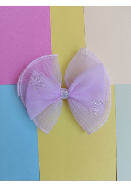 Fiyonk Model Simli Kenar Dikişli Pileli Tül Kumaş Üzeri Simli Kelebek Figürlü Pens Toka(13 Cm)