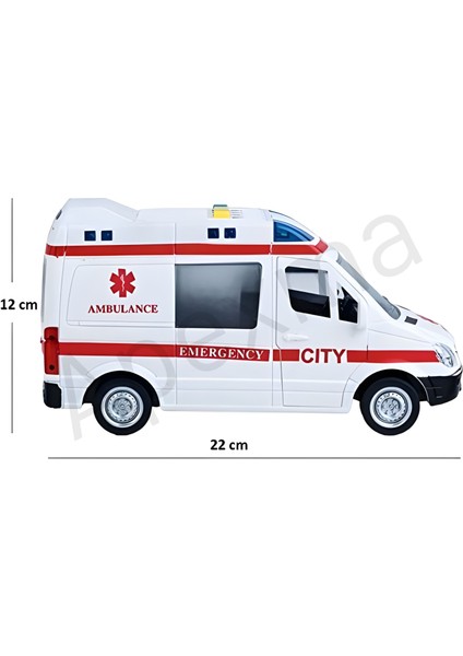 Sürtmeli Sesli ve Işıklı Kapıları Açılan 1:16 Ölçek Ambulans - Oyuncak Sürtmeli Acil Yardım Aracı