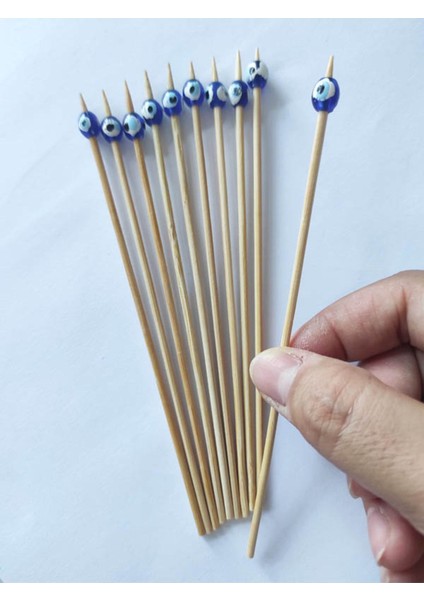 15 cm Uzun Kürdan - 30 Adet Dekoratif Nazarboncuklu Kokteyl Karıştırıcı - Boncuk 8 mm