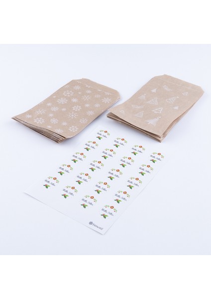 20 Adet Çam ve Kar Desenli Kese Kağıdı 11 x 20 cm ve Çiçekli Mutlu Yıllar Stickerdan Oluşan Set