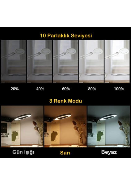 Katlanabilir 8 x Büyüteçli LED Yüz Bakımı Güzellik Tatto LED Masa Lambası 3renk Modu 10 Seviye Işık