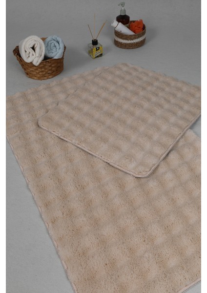 Modern Bubble Yıkanabilir Kaymaz Peluş Banyo Paspası Halısı 2'li Klozet Takımı 50X80-50X40CM Açık Bej modelleri