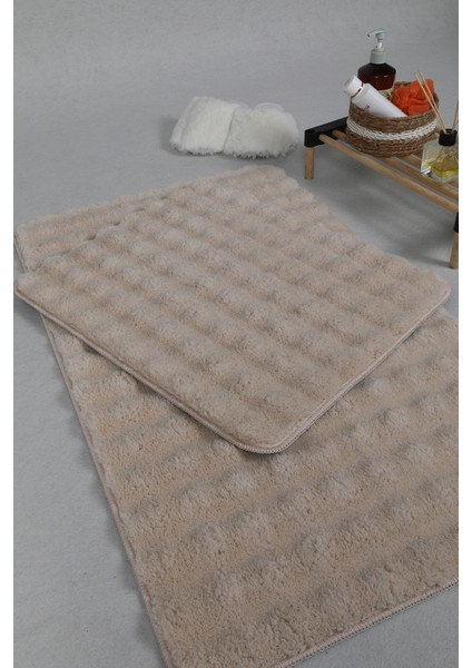 Modern Bubble Yıkanabilir Kaymaz Peluş Banyo Paspası Halısı 2'li Klozet Takımı 50X80-50X40CM Açık Bej indirimleri