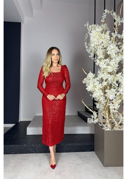 G1040 Kare Yaka Payet Abiye Elbise Kırmızı modelleri