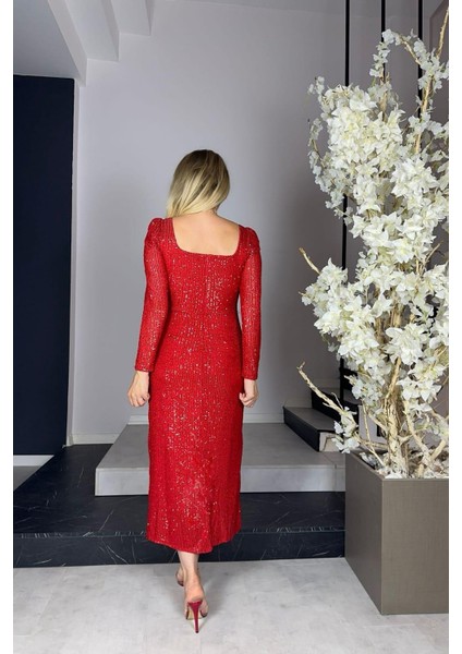 G1040 Kare Yaka Payet Abiye Elbise Kırmızı fırsatları