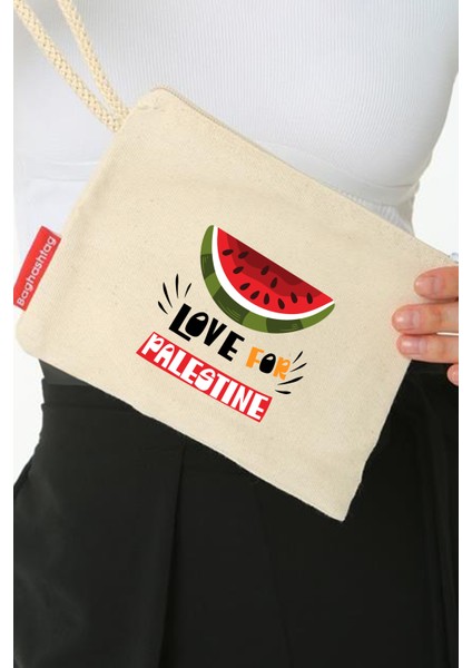 Geleneksel Filistin Yarım Karpuzlu "love For Palestıne" Dijital Baskılı Askılı Kanvas Clutch Fermuarlı El Çanta 20*15 cm