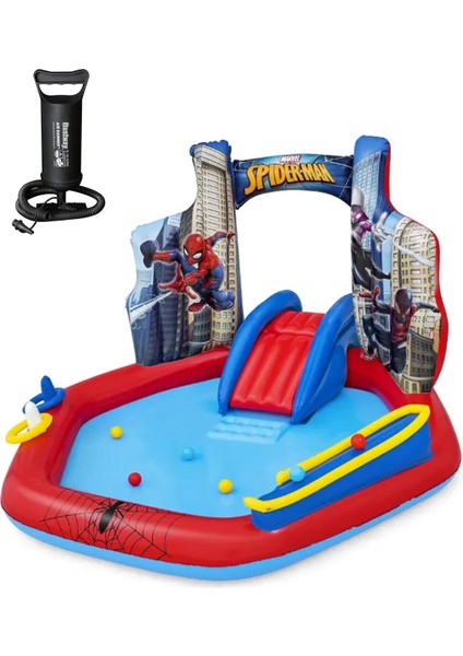 62002 Pompalı-Bestway 98793 Spiderman Temalı Kaydıraklı Fıskiyeli Aquapark Şişme Eğlence Havuzu