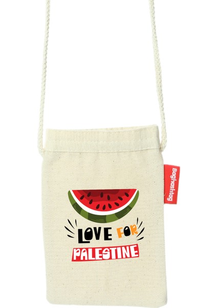 Geleneksel Filistin Yarım Karpuzlu "love For Palestıne" Dijital Baskılı Askılı Kanvas Bez Telefonluk Çanta 12*18 cm