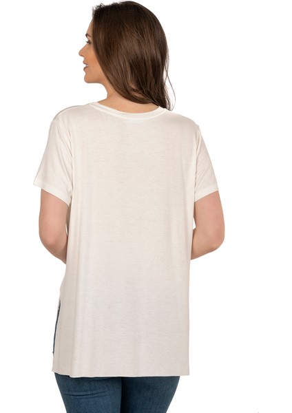 Özkan 27082 Kadın Yumuşak Esnek Kumaş Vorteks Viskon Likralı Önü Yazılı Bisiklet Yaka Kısa Kollu T-Shirt