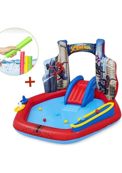 Su Pompalı-Bestway 98793 Spiderman Temalı Kaydıraklı Fıskiyeli Aquapark Şişme Eğlence Havuzu