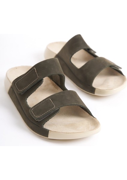 Hakiki Deri Summer Kadın Çift Bantlı Nubuk Özel Taban Haki Terlik - MSSR26-HK