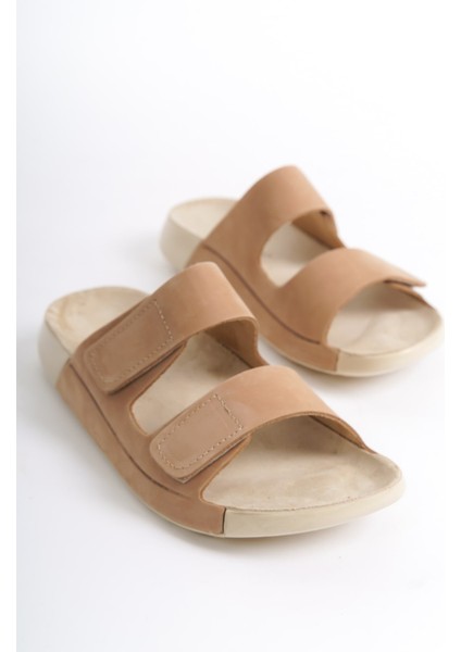 Hakiki Deri Summer Kadın Çift Bantlı Nubuk Özel Taban Bej Terlik - MSSR26-BJ fiyatları