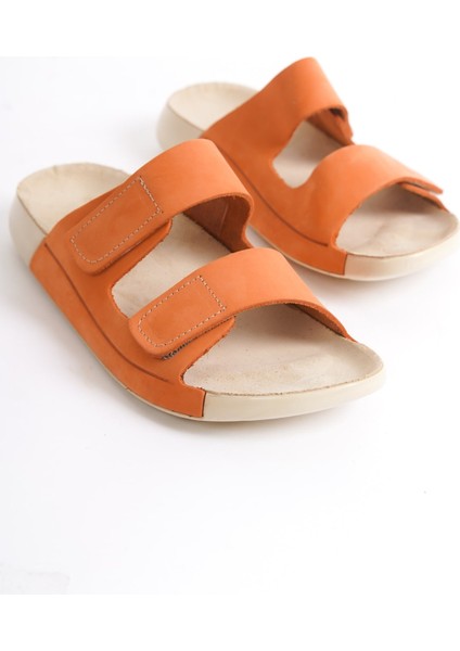 Hakiki Deri Summer Kadın Çift Bantlı Nubuk Özel Taban Oranj Terlik - MSSR26-ORJ