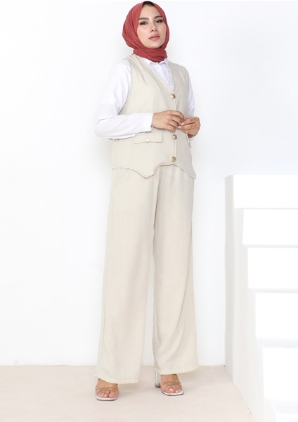 Yelek Pantolon Keten Ikili Takım 1035 - Taş