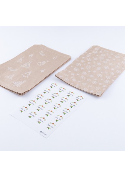 20 Adet Çam ve Kar Desenli Kese Kağıdı 18 x 30 cm ve Çiçekli Mutlu Yıllar Stickerdan Oluşan Set