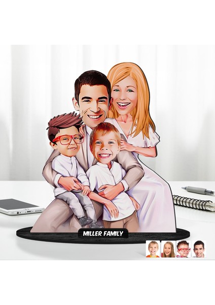 Kişiye Özel Aile Karikatürlü Ahşap Biblo Model-23 Babaya Hediye, Anneye Hediye, Ev Hediyesi