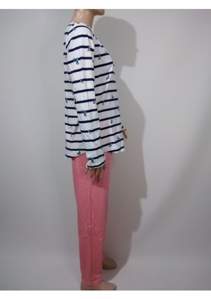 Kadın Lacivert Pudra Yuvarlak Yaka Oval Etek Uzun Kollu Kelebek Desenli Pamuklu Pijama Takımı fiyatları