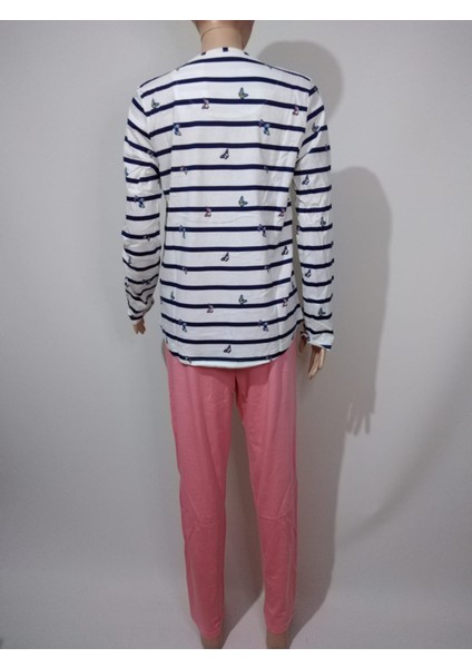 Kadın Lacivert Pudra Yuvarlak Yaka Oval Etek Uzun Kollu Kelebek Desenli Pamuklu Pijama Takımı modelleri