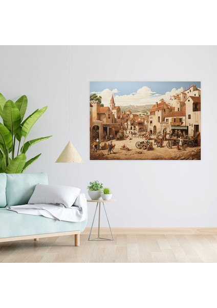 Ortaçağ Köyü Duvar Sanatı - Ortaçağ, Duvar Süslemesi, Duvar Resmi, Nostalji, 70X50