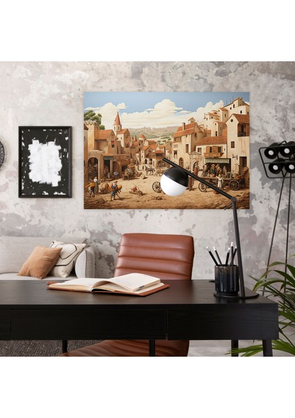 Ortaçağ Köyü Duvar Sanatı - Ortaçağ, Duvar Süslemesi, Duvar Resmi, Nostalji, 70X50