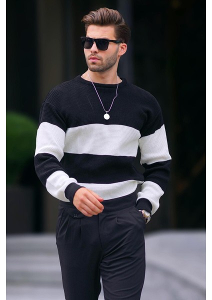 Siyah Bisiklet Yaka Renk Bloklu Uzun Kollu Örme Kazak 7236