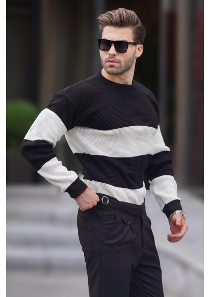 Siyah Bisiklet Yaka Renk Bloklu Uzun Kollu Örme Kazak 7236 fiyatları