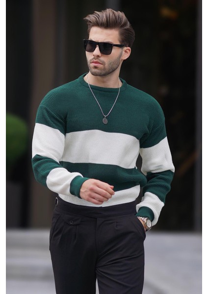 Yeşil Bisiklet Yaka Renk Bloklu Uzun Kollu Örme Kazak 7236