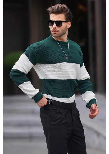 Yeşil Bisiklet Yaka Renk Bloklu Uzun Kollu Örme Kazak 7236 fiyatları