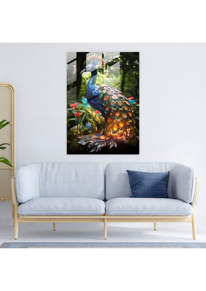 Gerçekçi Cam Heykel - Tavus Kuşu Bahçesi Cam Baskı - Gerçekçi Cam Heykel, Doğa Temalı, Duvar Dekorasyonu, Yemyeşil Bahçe, 30X45
