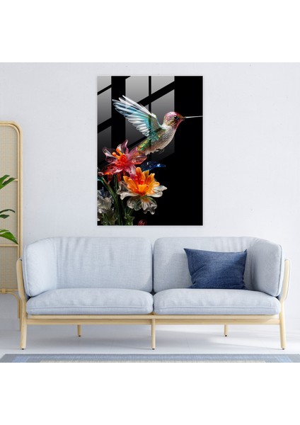 Gerçekçi Cam Heykel - Sinek Kuşu Cenneti Cam Baskı - Gerçekçi Cam Heykel, Duvar Süslemesi, Kuş Temalı, Renkli Çiçek, 60X90