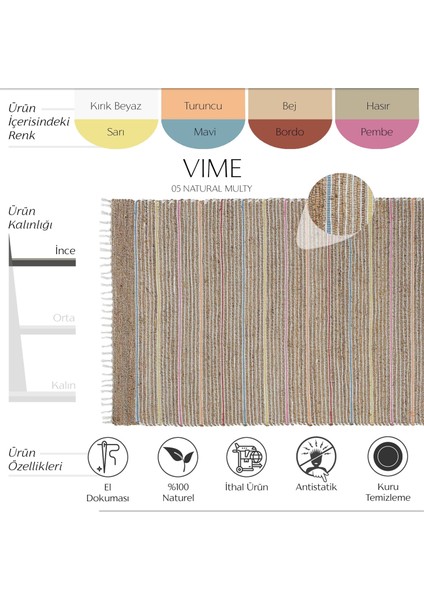 Vime 05 Natural Multi Jüt Halı Yolluk El Dokuma Jüt Kilim Hasır Halı Bohem El Halısı otantik halı fiyatları
