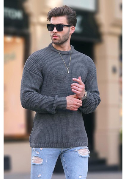 Antrasit Bisiklet Yaka Uzun Kollu Örme Kazak 7246