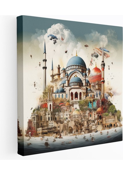 Yüksek Kaliteli Kanvas Tablo, Kolaj Sanat Eseri - Imparatorluğun Mirasını Kutlayan Ünlü Osmanlı Simgesel Yapılarının ve Kültürel Sembollerin Montajı, 30X30