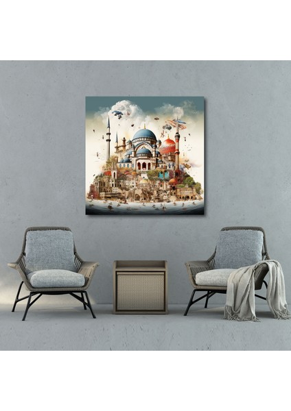 Yüksek Kaliteli Kanvas Tablo, Kolaj Sanat Eseri - Imparatorluğun Mirasını Kutlayan Ünlü Osmanlı Simgesel Yapılarının ve Kültürel Sembollerin Montajı, 30X30 fiyatları