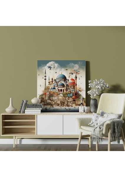 Yüksek Kaliteli Kanvas Tablo, Kolaj Sanat Eseri - Imparatorluğun Mirasını Kutlayan Ünlü Osmanlı Simgesel Yapılarının ve Kültürel Sembollerin Montajı, 30X30 modelleri