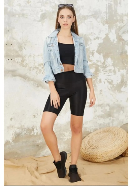 Yüksek Bel Toparlayıcı Kısa Disko ( Parlak ) Kadın Tayt