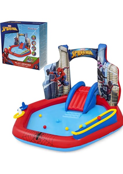 Bestway 98793 Lisanslı Spiderman Temalı Kaydıraklı Fıskiyeli Aquapark Şişme Eğlence Havuzu, 211X206X127CM