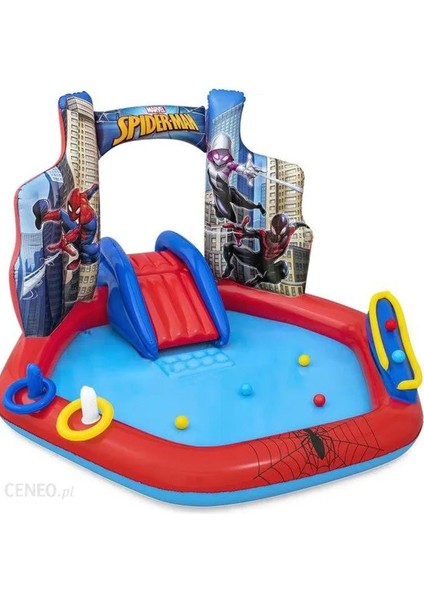 Bestway 98793 Lisanslı Spiderman Temalı Kaydıraklı Fıskiyeli Aquapark Şişme Eğlence Havuzu, 211X206X127CM