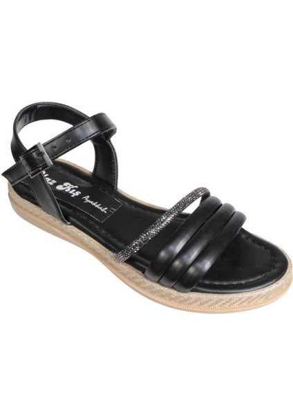 Ayakkabı Kadın Siyah Beyaz Krem Üzeri Üç Bantlı Taşlı Bilekten Bağlamalı Düz Taban Sandalet
