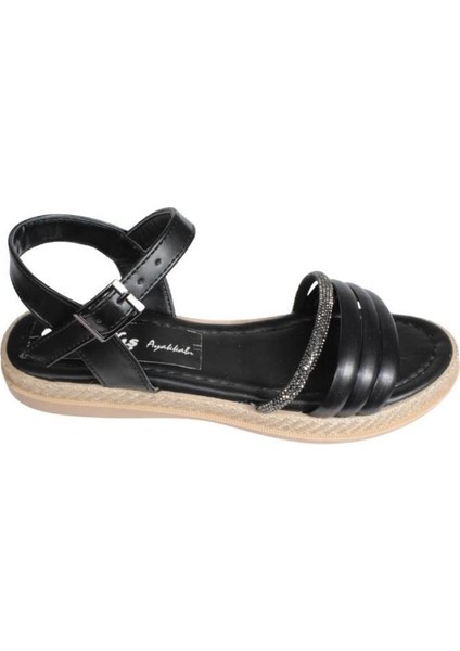Ayakkabı Kadın Siyah Beyaz Krem Üzeri Üç Bantlı Taşlı Bilekten Bağlamalı Düz Taban Sandalet fiyatları