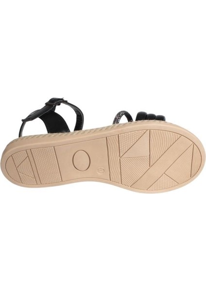 Ayakkabı Kadın Siyah Beyaz Krem Üzeri Üç Bantlı Taşlı Bilekten Bağlamalı Düz Taban Sandalet fırsatları