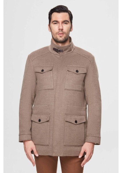 Slim Fit Vizon Düz Çıkarılabilir Kürklü Kaban 3ECK777300551