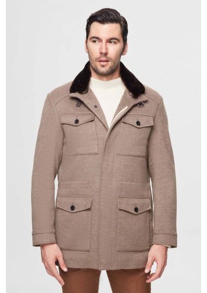 Slim Fit Vizon Düz Çıkarılabilir Kürklü Kaban 3ECK777300551 fiyatları