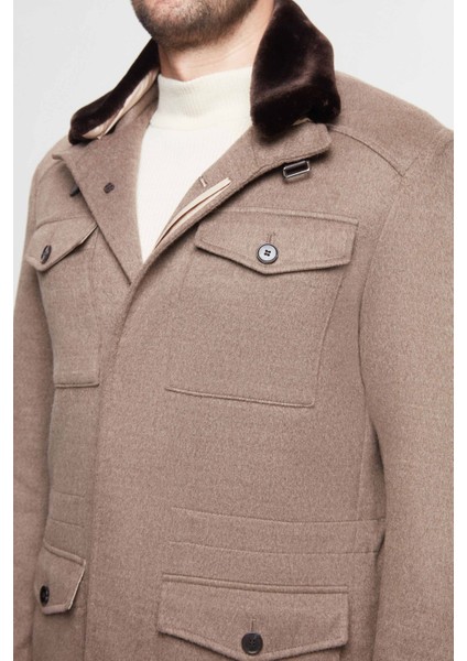 Slim Fit Vizon Düz Çıkarılabilir Kürklü Kaban 3ECK777300551 fırsatları