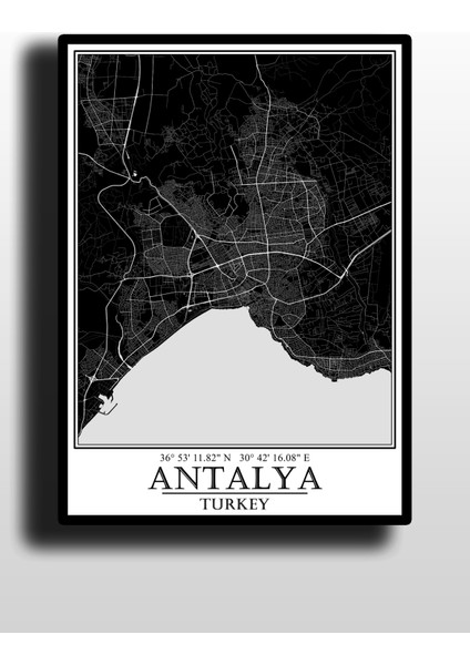 Antalya Şehir Haritası Çerçevesiz Poster-Harita Sanatı, Map Art Design