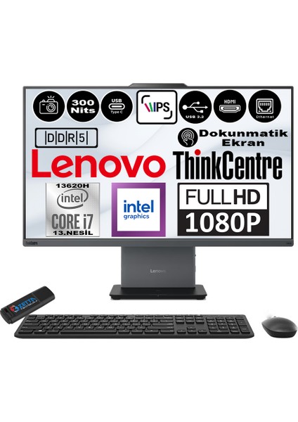 Thinkcentre Neo 27 50A Gen5 Intel Core I7 13620H 64GB Ddr5 256GB SSD Windows 11 Home Intel® UHD Graphics 27" Dokunmatık Fhd All In One Bilgisayar 12SA0013TRH11 + Zetta Flash Bellek